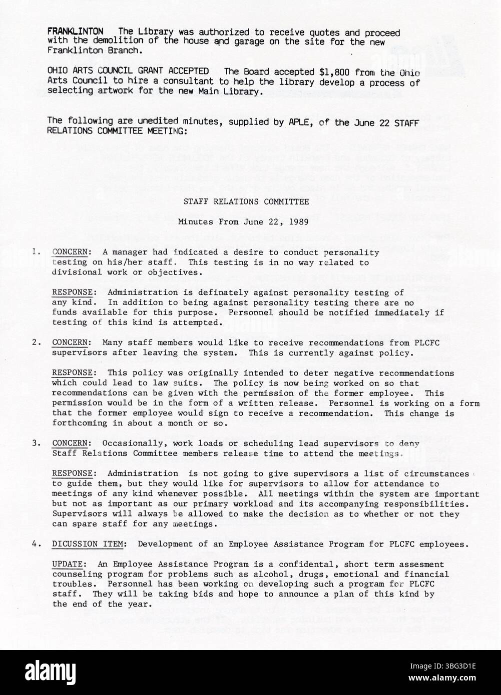 La linea 1 era una newsletter dello staff prodotta dalla Columbus Metropolitan Library tra il 1985 e il 1991, che forniva notizie interne e aggiornamenti per i dipendenti. Foto Stock