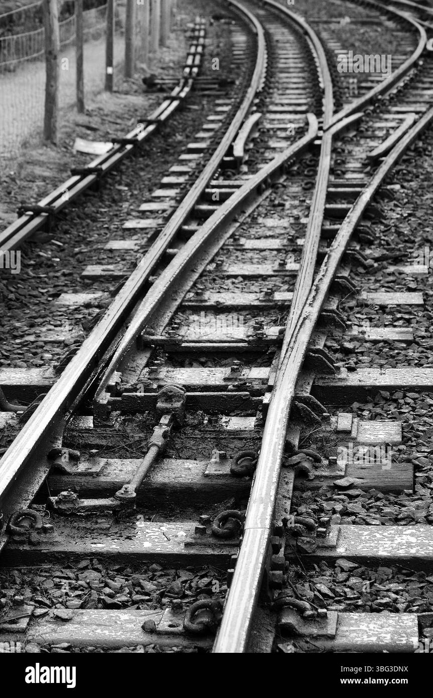 Linea principale della Ffestiniog Railway a Boston Lodge. Foto Stock