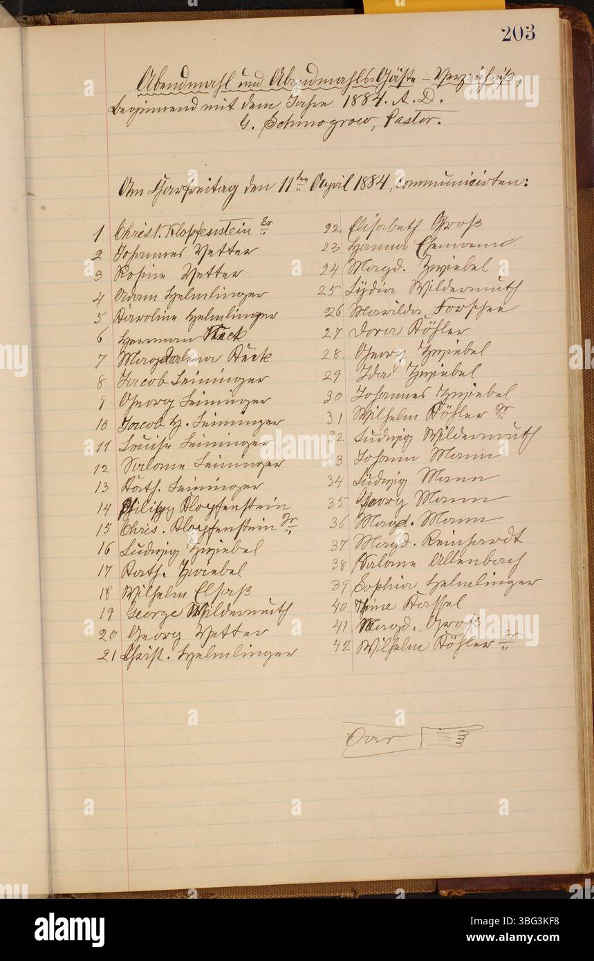 Questa voce include documenti battesimi e altri atti ufficiali della chiesa luterana di San Marco, situata a Clay Township, Auglaize County, Ohio, che coprono gli anni 1883-1919. I registri sono bilingue in tedesco e inglese. Foto Stock