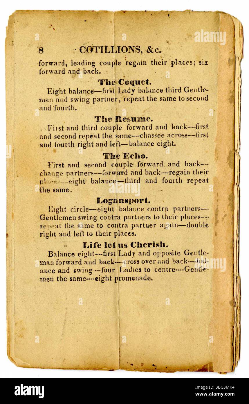 Questa collezione del 1834 include varie danze come cotillions e Scotch reel, introdotte da M.B. Brouillett nella sua scuola di ballo a Logansport, Indiana. La collezione offre uno sguardo sulla vita sociale dei primi anni del XIX secolo, riflettendo la popolarità della danza da sala da ballo nella cultura americana. Foto Stock