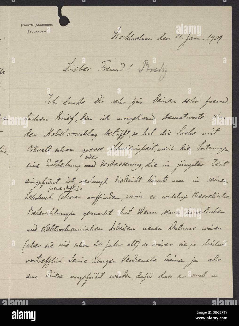 Svante Arrhenius scrive a Georg Bredig discutendo le nomine per il Premio Nobel per la chimica, tra cui Wilhelm Ostwald e Richard Willstädter. Arrhenius aggiorna Bredig anche su questioni personali e professionali. Foto Stock