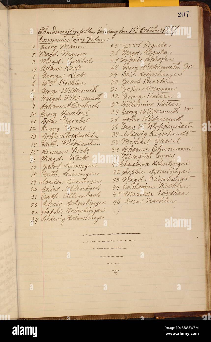 La pagina presenta il battesimo e gli atti ufficiali della chiesa luterana di San Marco a Clay Township, Auglaize County, Ohio, dal 1883 al 1919. I documenti sono scritti in tedesco e inglese. Foto Stock