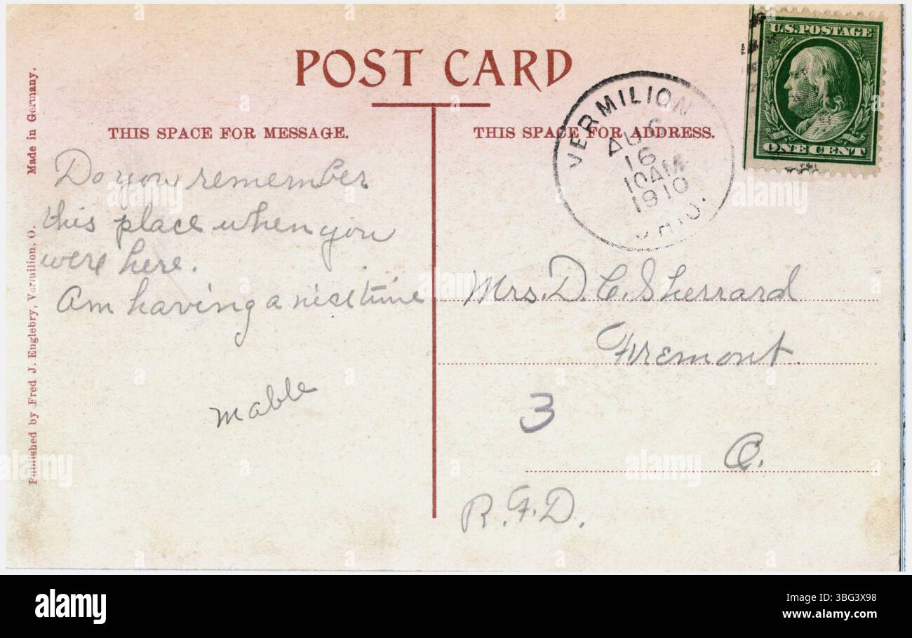 Vista dal 1910 della spiaggia balneare di Linwood Park sul lago Erie, che mostra il bagno e le barche sull'acqua. Foto Stock