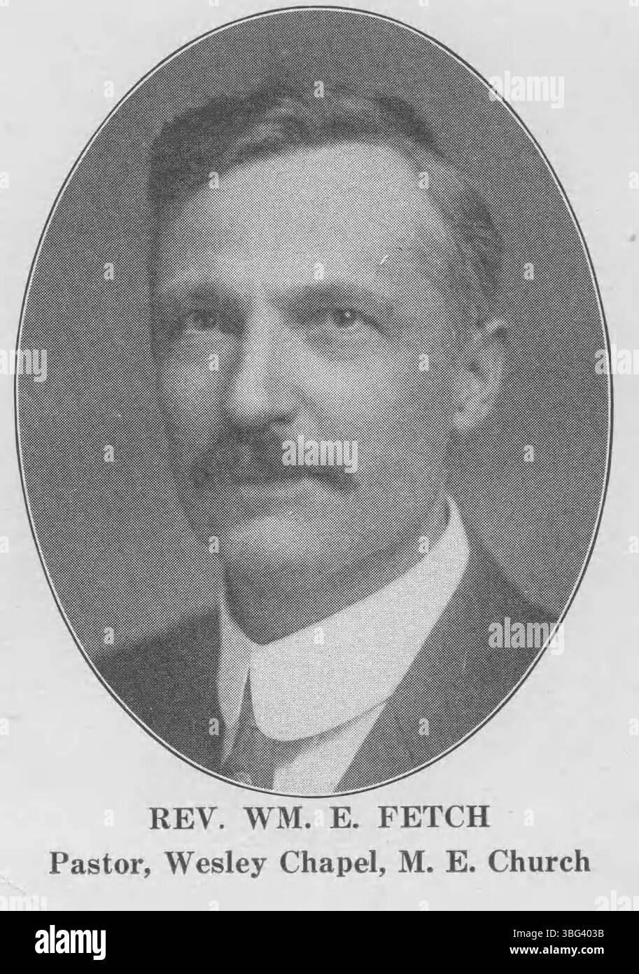 Ritratto di William E. Fetch (1862-1929), pastore della Wesley Chapel, chiesa episcopale metodista nel 1915. Era sposato con Minnie Lloyd e contribuì alla comunità ecclesiastica. Foto Stock