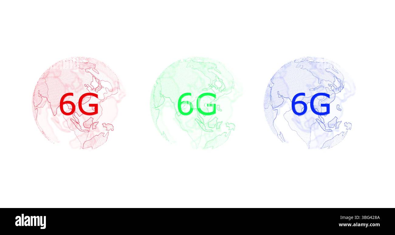 Immagine di globi rotanti e 5 g in blu rosso e verde su sfondo bianco Foto Stock