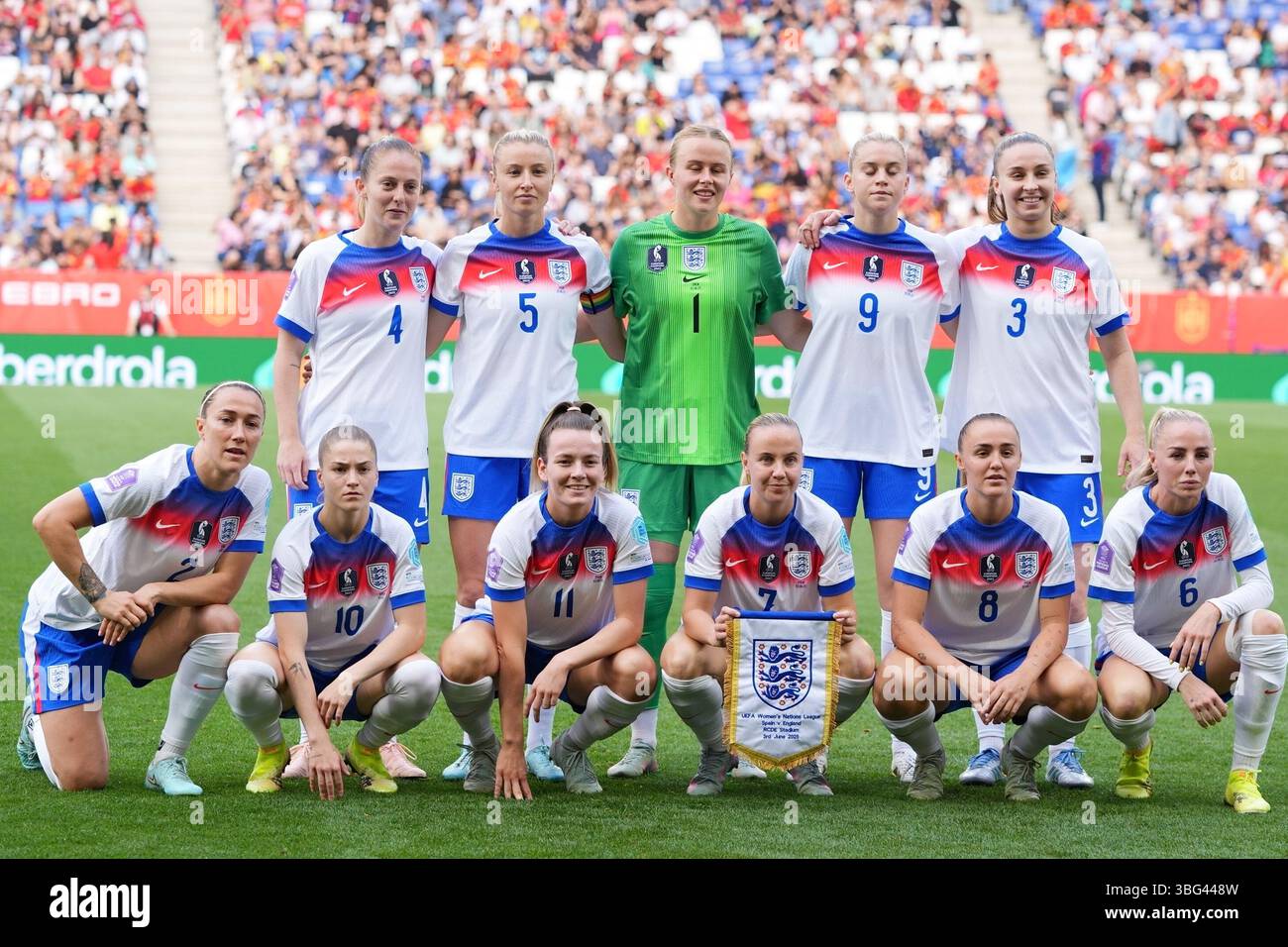 3 giugno 2025; RCDE Stadium, Cornella, Spagna, Womens Nations League gruppo 3 calcio, Spagna contro Inghilterra; Inghilterra a partire da undici Foto Stock
