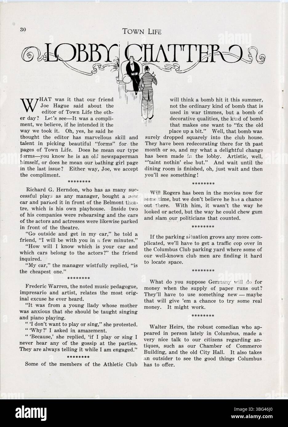 Questa pagina del numero di settembre 1923 di Town Life, volume II, numero 7, include contenuti relativi a società, arte, letteratura, teatro e sport, riflettendo il clima culturale dell'epoca a Columbus, Ohio. Foto Stock