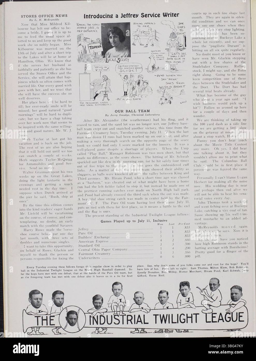 Questo volume del servizio Jeffrey include la copertura dei risultati ottenuti dai dipendenti, gli aggiornamenti meccanici, le operazioni dell'impianto e le riunioni sociali organizzate dall'azienda. È illustrato con foto dello staff e riferimenti alla prima guerra mondiale relativi alla storia di Colombo. Foto Stock