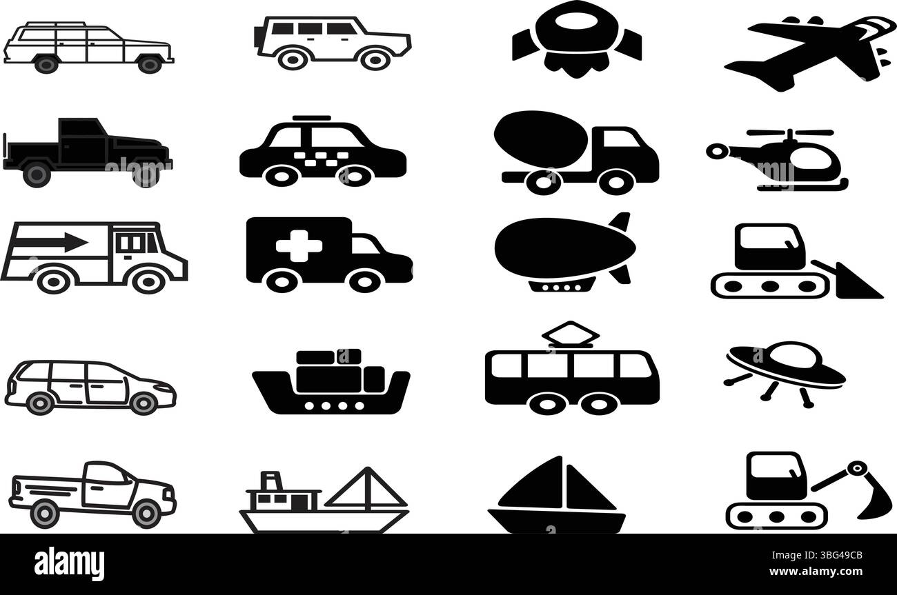 "Icone di silhouette in bianco e nero di auto, camion, aerei, elicotteri, veicoli da costruzione, e UFO' Illustrazione Vettoriale