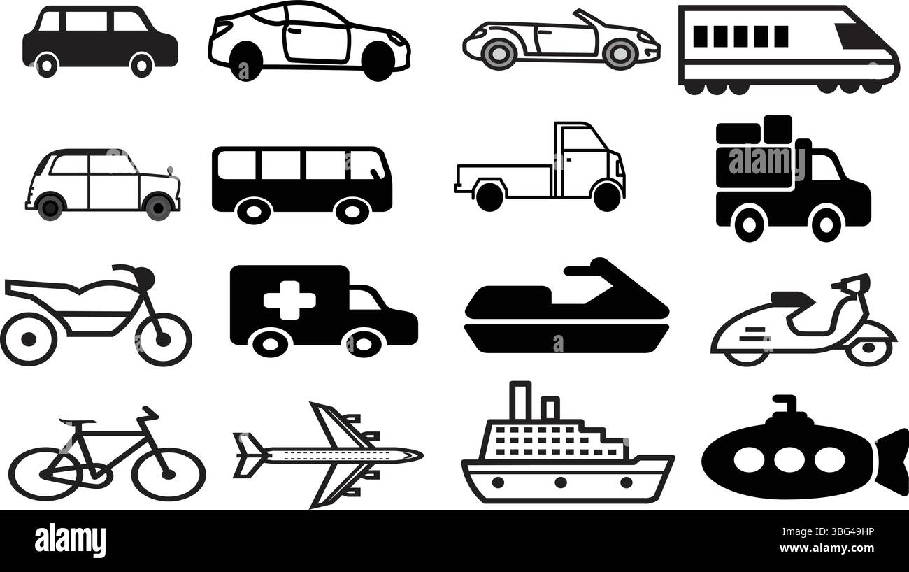 "Set di icone del veicolo in bianco e nero, tra cui auto, motociclette, biciclette, barche e treni" Illustrazione Vettoriale