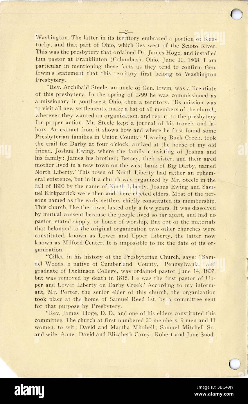 Pubblicazione storica del 1929 che riassume la fondazione e l'evoluzione della prima Chiesa presbiteriana a Marysville, Ohio, nei suoi primi 100 anni. Foto Stock