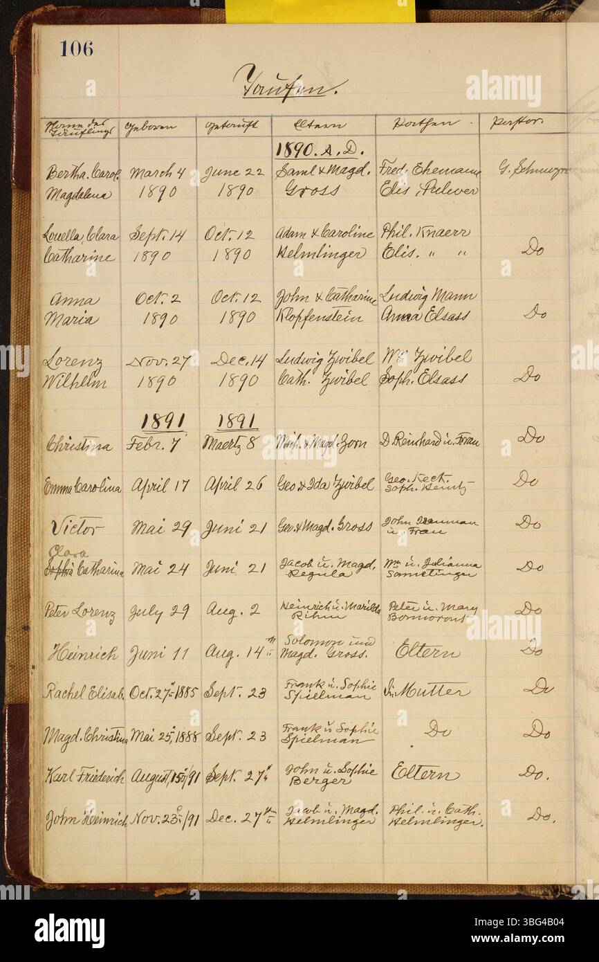 Gli atti ufficiali della Chiesa luterana di San Marco risalgono al 1883-1919 e contengono documenti battesimi e altre attività ecclesiastiche, scritti sia in tedesco che in inglese. Situati a Clay Township, Auglaize County, Ohio, questi documenti offrono informazioni sulla vita religiosa e culturale di questa comunità durante la fine del XIX secolo e l'inizio del XX secolo. Foto Stock