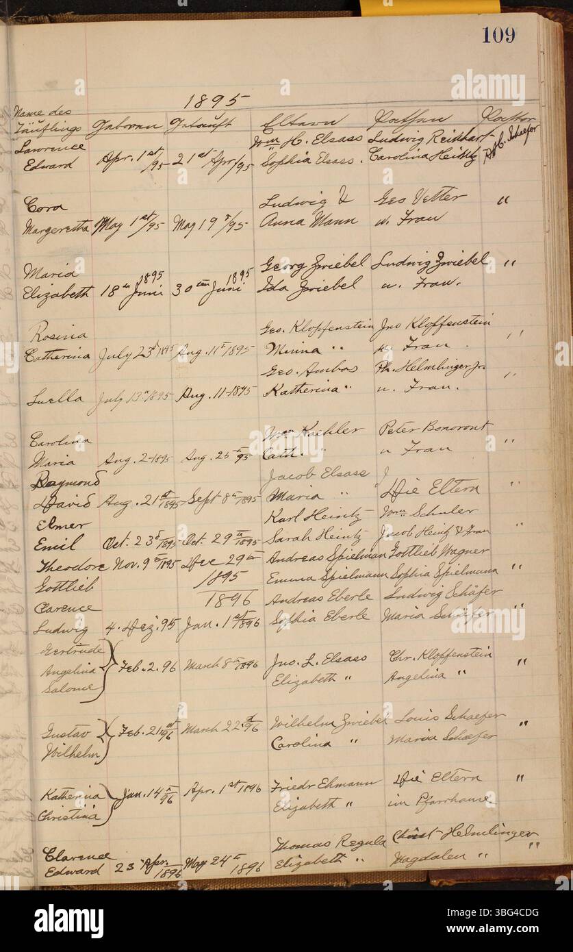 Questo registro storico degli atti ufficiali della Chiesa luterana di San Marco, che copre il periodo 1883-1919, include battesimi e altre cerimonie religiose. I documenti bilingue sono scritti in tedesco e inglese e riflettono le pratiche culturali della comunità di Clay Township, Auglaize County, Ohio. Foto Stock