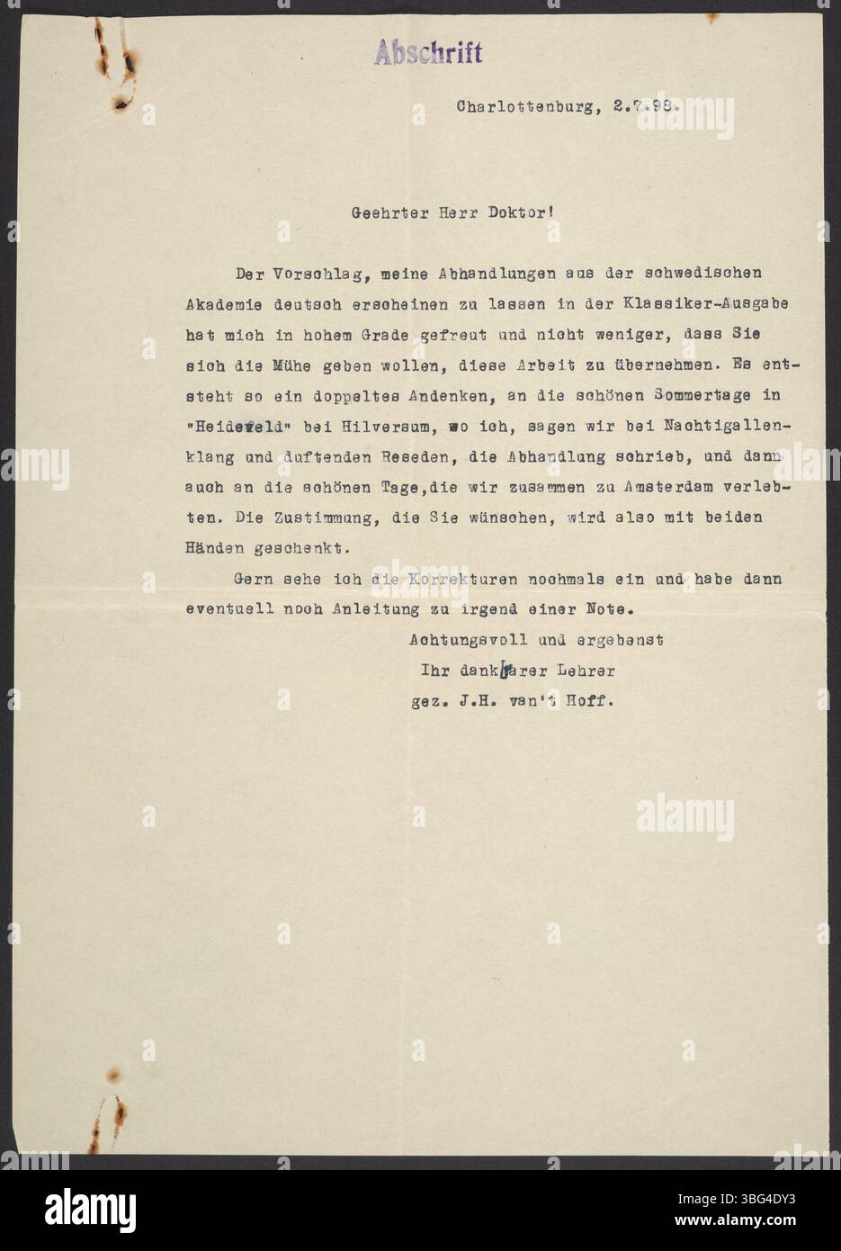 In questa lettera del luglio 1898, Jacobus H. van 't Hoff accetta l'offerta di Georg Bredig di pubblicare i suoi saggi in tedesco. Van 't Hoff, uno dei padri fondatori della chimica fisica, vinse il primo Premio Nobel per la chimica nel 1901 per il suo lavoro sulla dinamica chimica e la pressione osmotica. Foto Stock