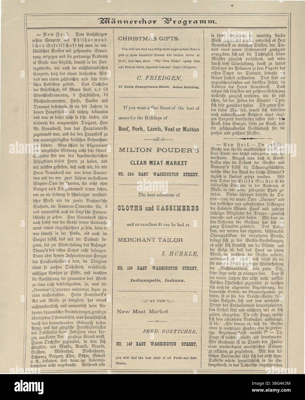 Il programma Maennerchor dell'11 dicembre 1878 mette in evidenza un concerto serale presso la Old City Hall (337 E. Washington St.), che mette in mostra talenti musicali locali. Foto Stock