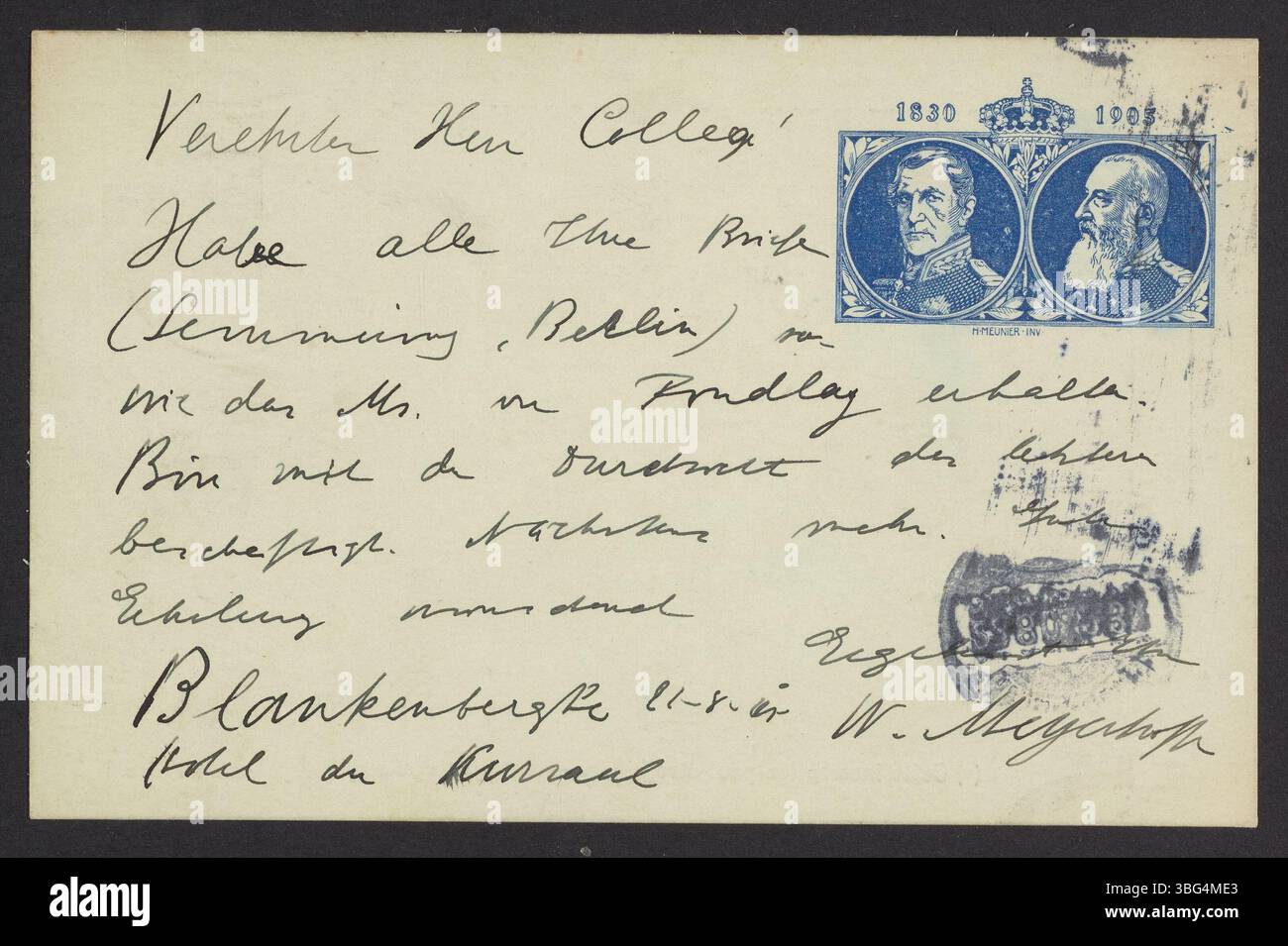 In questa cartolina datata 22 agosto 1905, Wilhelm Meyerhoffer, un chimico tedesco, informa Georg Bredig che ha ricevuto il manoscritto scientifico di Bredig per la revisione. Meyerhoffer era un collega di Jacobus va't Hoff all'Università di Amsterdam e ha lavorato sulla ricerca chimica. Foto Stock