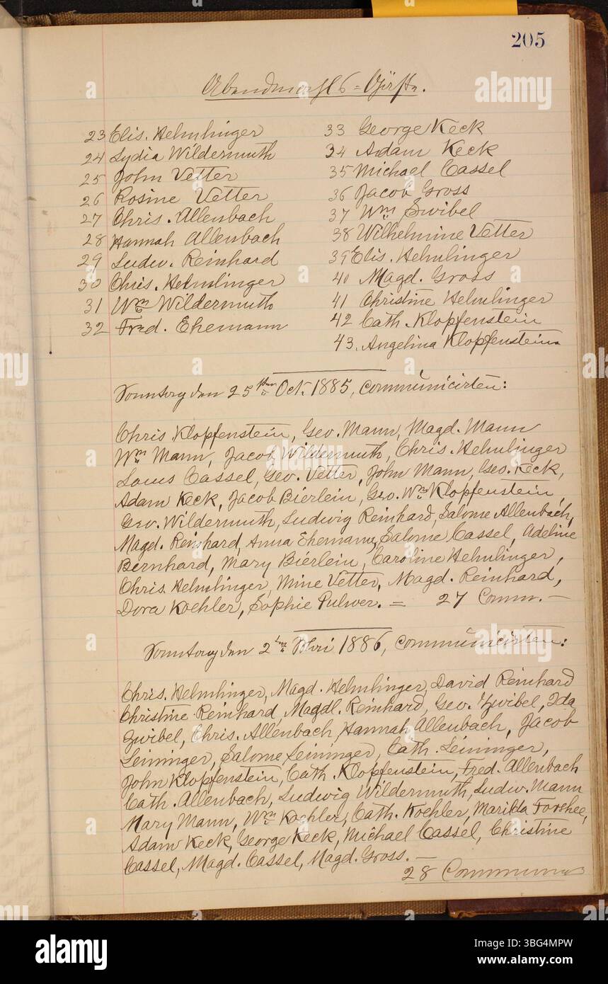 Questa pagina contiene i battesimi e altri atti ufficiali della chiesa luterana di San Marco a Clay Township, Auglaize County, Ohio, registrati tra il 1883 e il 1919, scritti in tedesco e inglese. Foto Stock