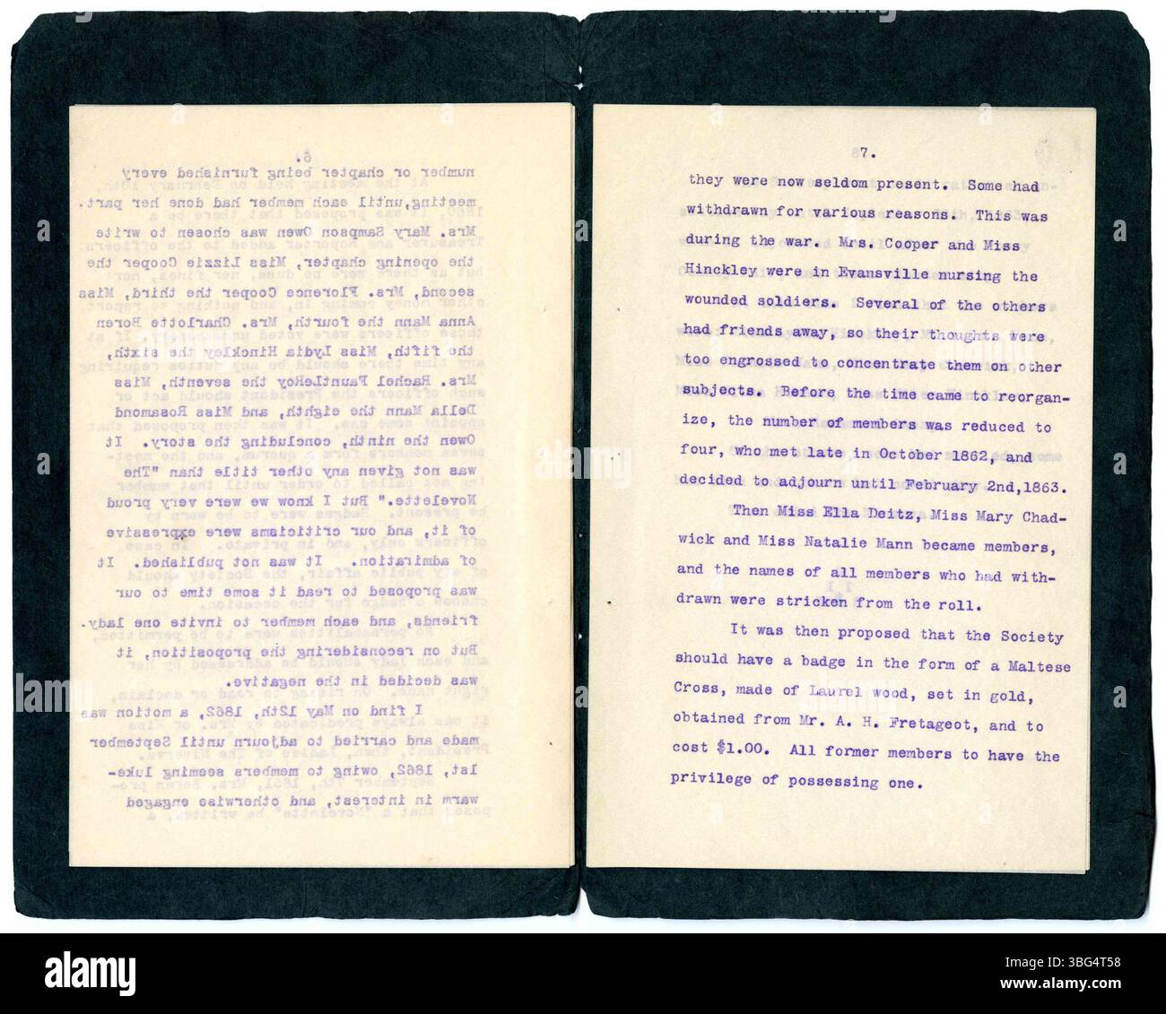 La sinossi dei minuti della Minerva Society da New Harmony, Indiana, descrive in dettaglio la formazione e le attività del primo club femminile negli Stati Uniti è stata curata da Rachel Fauntleroy e stampata per la mostra Indiana del 1904 alla St. Louis Exposition. Foto Stock