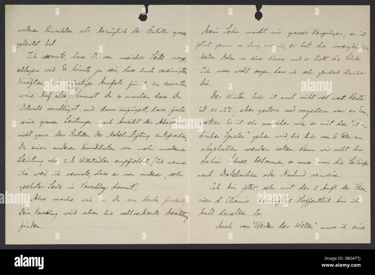 La lettera di Svante Arrhenius a Georg Bredig discute i candidati al Premio Nobel per la chimica, concentrandosi su Wilhelm Ostwald e Richard Willstädter, con aggiornamenti sulle loro vite e carriere. Foto Stock