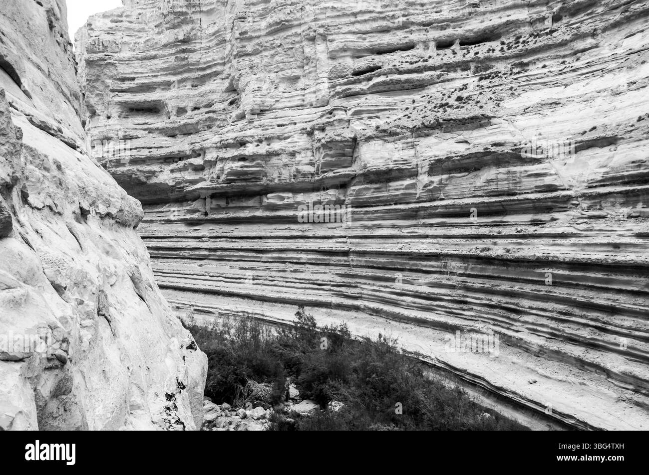 Una scogliera rocciosa con un piccolo ruscello che la attraversa. L'immagine ha una sensazione soffocante e desolata Foto Stock