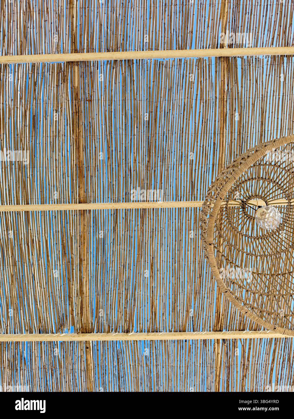 Soffitto in bambù naturale con impianto di illuminazione intrecciata Foto Stock