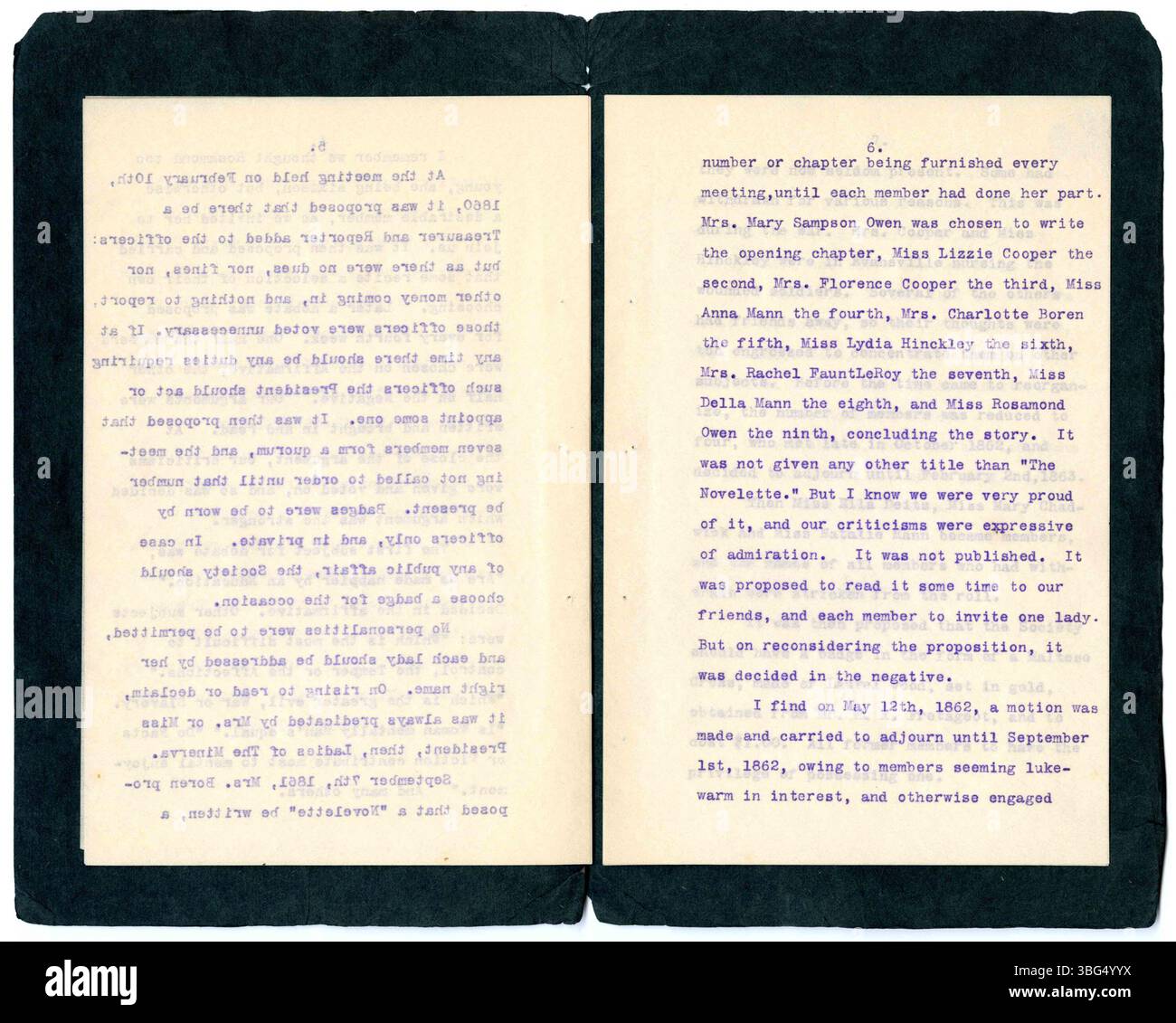 Questa è una sinossi dei minuti della Minerva Society of New Harmony, Indiana, che mette in evidenza la creazione e il progresso del primo club femminile negli Stati Uniti. Edito da Rachel Fauntleroy, faceva parte della mostra Indiana alla St. Louis Exposition del 1904. Foto Stock