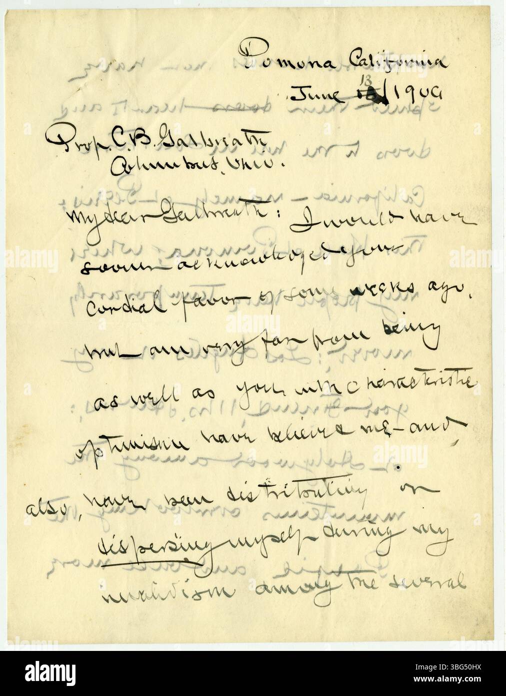 Il 13 giugno 1906, William Jackson Armstrong scrisse a Charles B. Galbreath da Pomona, California. Armstrong discute del suo soggiorno nel sud della California, delle sue impressioni sullo stato e dei suoi piani futuri, mentre indagava su individui a Columbus, Ohio. Foto Stock Il 13 giugno 1906, William Jackson Armstrong scrisse a Charles B. Galbreath da Pomona, California. Armstrong discute del suo soggiorno nel sud della California, delle sue impressioni sullo stato e dei suoi piani futuri, mentre indagava su individui a Columbus, Ohio. Foto Stock