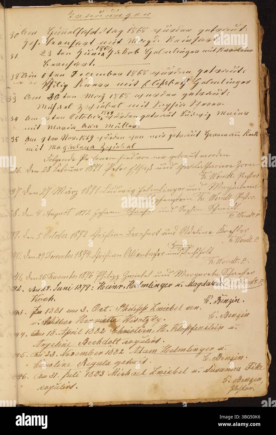 Il registro del 1835-1885 della chiesa luterana di San Marco include atti ufficiali come battesimi, scritti in tedesco, dalla chiesa di Clay Township, Auglaize County, Ohio. Foto Stock