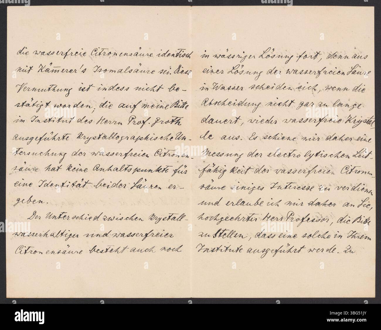 La lettera di Eduard Buchner a Wilhelm Ostwald, datata 15 luglio 1892, lo informa della sua scoperta di una proprietà unica di acido citrico anidro e chiede che la sua conducibilità elettrolitica sia misurata presso l'istituto Ostwald di Lipsia. Foto Stock