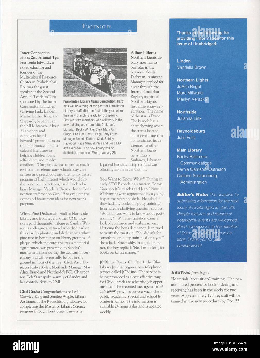 Unabridged, la newsletter prodotta dalla Columbus Metropolitan Library tra il 1991 e il 2004, offriva ai dipendenti aggiornamenti regolari sui programmi della biblioteca, sui cambiamenti del personale e sugli sviluppi operativi. Foto Stock