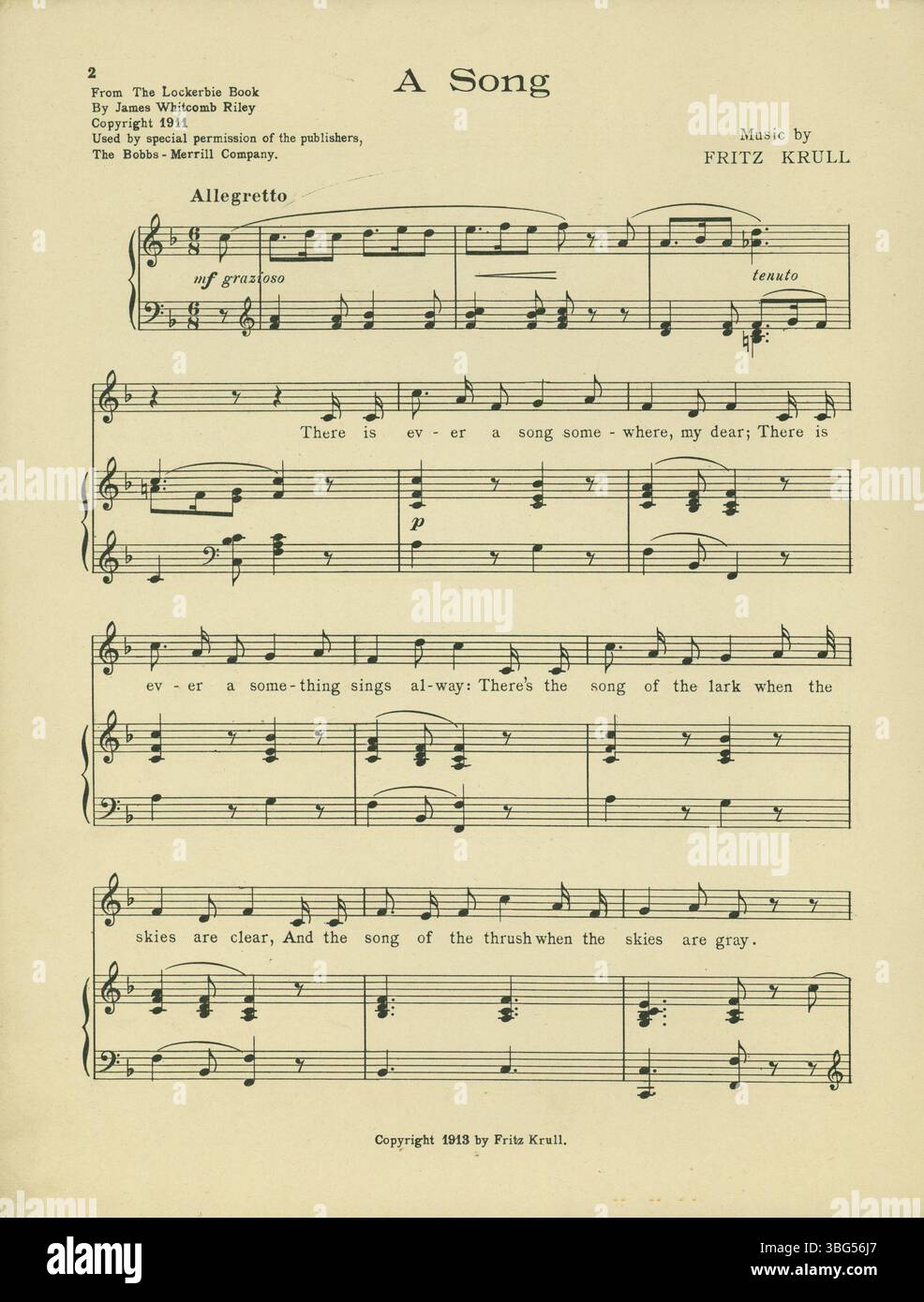 In questa pubblicazione del 1916, quattro canzoni basate sulle poesie di James Whitcomb Riley sono presentate: "A Song", "A Life Lesson", "Little Orphant Annie" e "The Bee Bag". Arrangiata da Fritz Krull, la musica è per mezzosoprano o baritono e mette in mostra la poesia lirica e sentimentale di Riley attraverso la canzone. Foto Stock