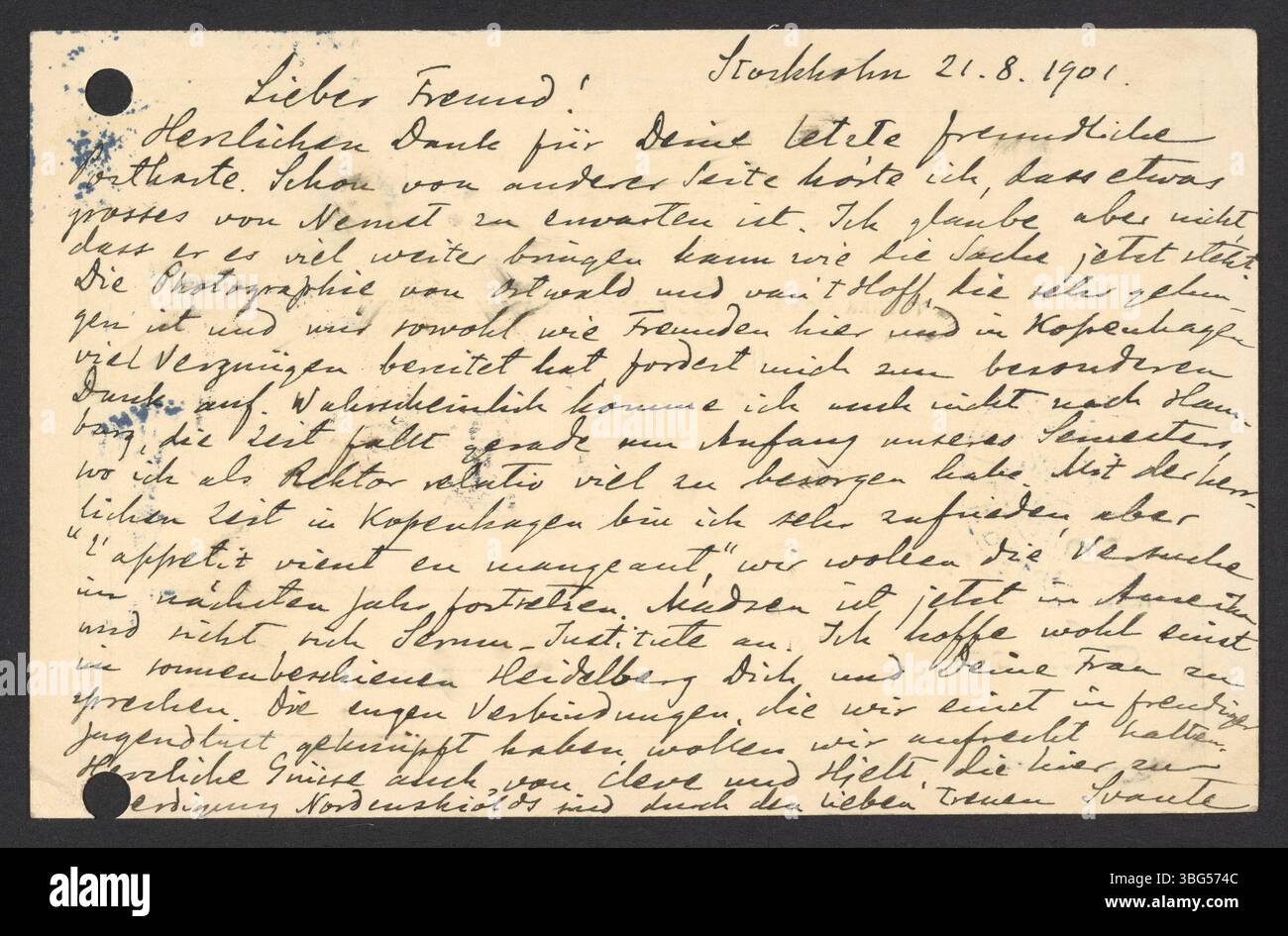Svante Arrhenius (1859-1927) scrive a Georg Bredig (1864-1944) il 21 agosto 1901, sulla prossima pubblicazione di Walther Nernst (1864-1941), confrontandola con il lavoro di Wilhelm Ostwald (1853-1932) e Jacobus Henricus van 't Hoff Jr. (1852-1911). Egli descrive il loro lavoro come "fotografia", anche se il riferimento non è chiaro. La cartolina include anche aggiornamenti personali di Arrhenius. Foto Stock