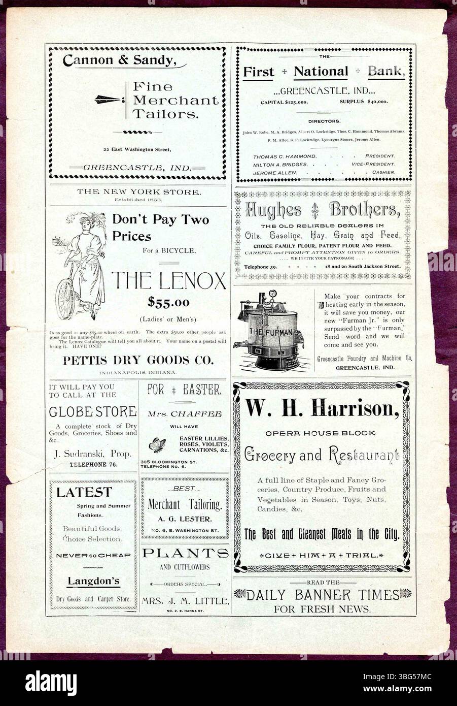 Questo numero speciale di Pasqua 1896 di The Banner Times fornisce informazioni sul background storico di Greencastle e Putnam County, oltre a caratteristiche su arti, musica e dipartimenti della comunità per donne e bambini. Foto Stock