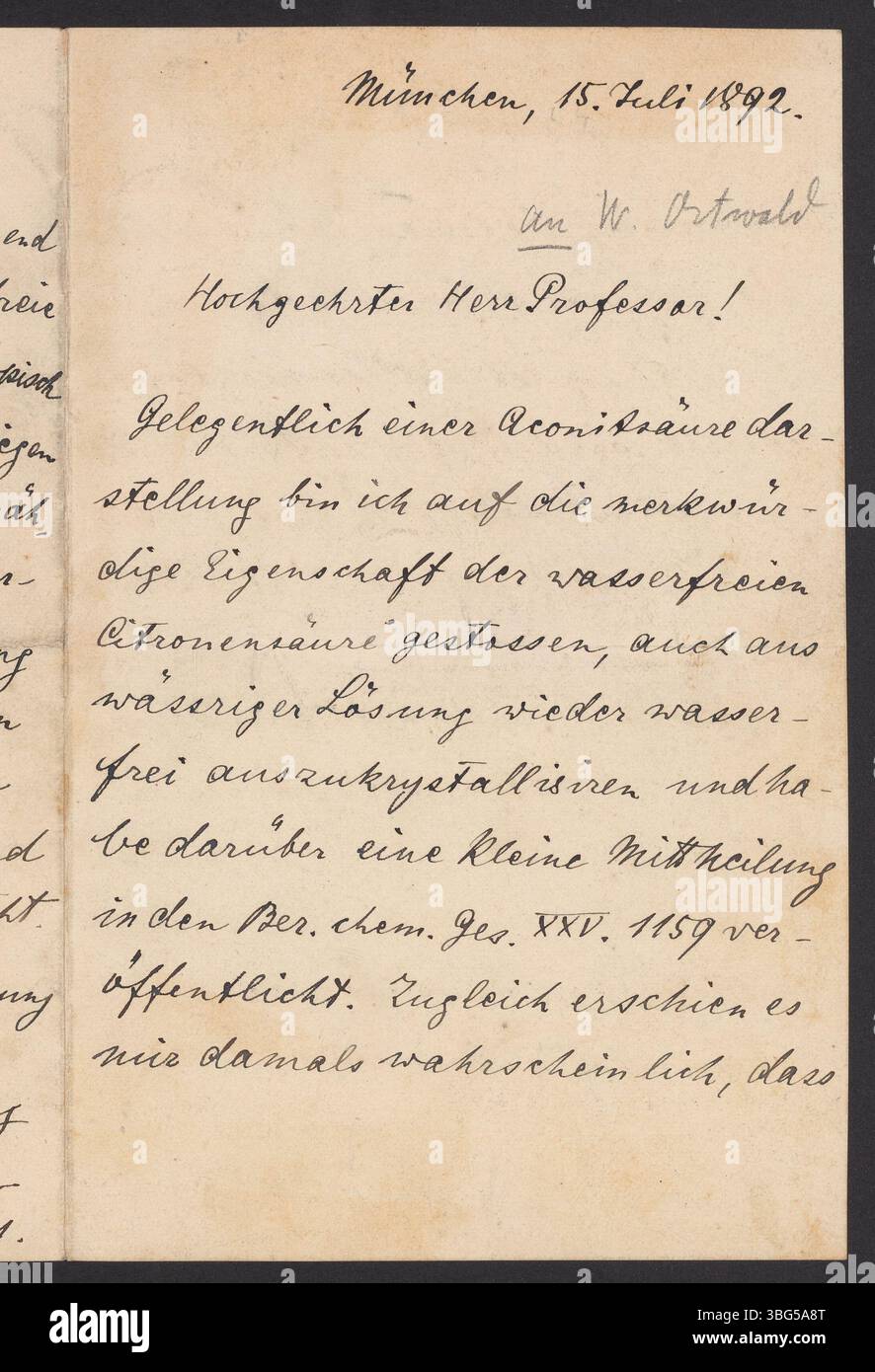 Eduard Buchner scrive a Wilhelm Ostwald il 15 luglio 1892 sulla sua scoperta delle proprietà dell'acido citrico anidro e richiede la misurazione della sua conducibilità elettrolitica presso l'istituto Ostwald di Lipsia. Foto Stock