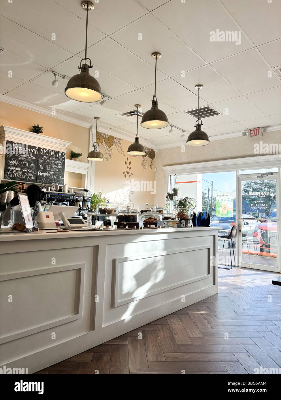 Vista interna della caffetteria caffeine Roasters a Tampa, Florida, che mostra il bancone, l'illuminazione e la pasticceria. Foto Stock