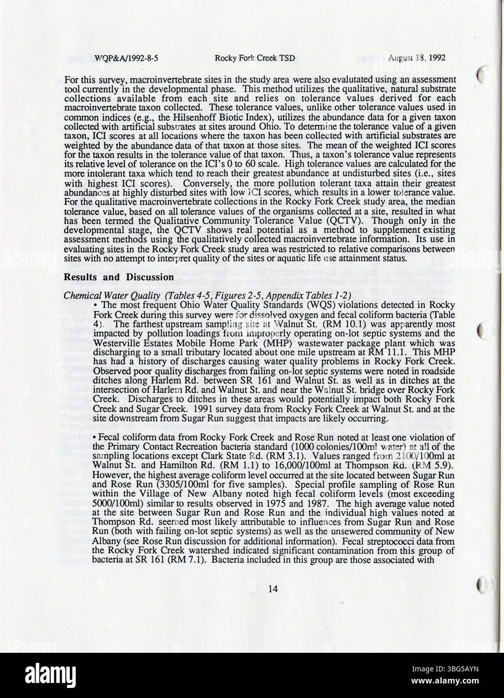 Pagina 18 descrive in dettaglio la valutazione ambientale di Rocky Fork e Upper Blacklick Creek, documentando la qualità dell'acqua e l'integrità biologica per la vita acquatica. Foto Stock