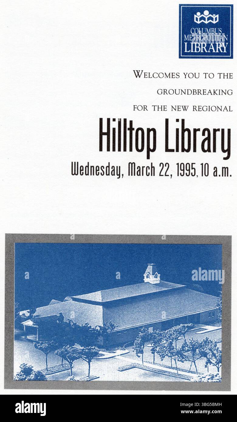 Il 22 marzo 1995, fu demolito il terreno per la nuova Hilltop Branch Library al 511 di South Hague Avenue a Columbus, Ohio. La biblioteca ha sostituito le strutture precedenti e ha fornito più spazio per una comunità in crescita. Foto Stock