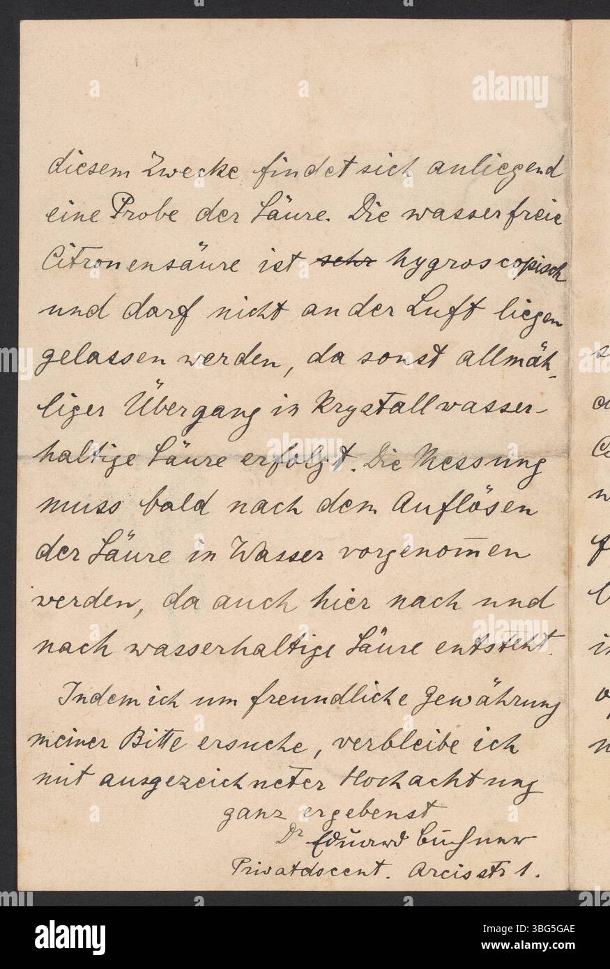 In una lettera del 15 luglio 1892, Eduard Buchner informa Wilhelm Ostwald della sua scoperta riguardo alle proprietà dell'acido citrico anidro. Buchner, un chimico vincitore del premio Nobel, chiede che Ostwald misuri la conducibilità elettrolitica della sostanza nel suo istituto di Lipsia. Foto Stock