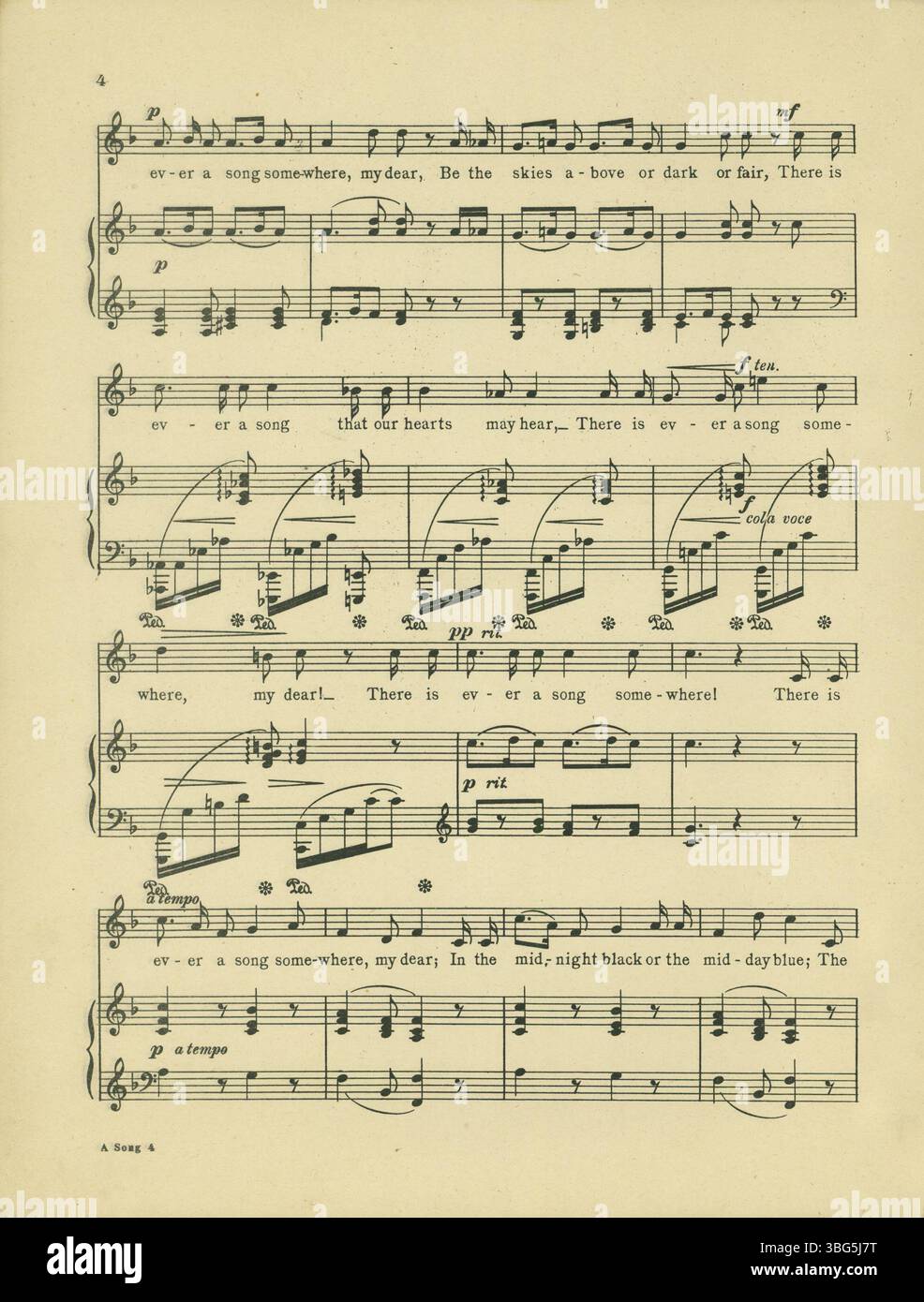 Questa sezione di "Four Songs from the Poems of James Whitcomb Riley" presenta i pezzi "A Song", "A Life Lesson", "Little Orphant Annie" e "The Bee Bag". Le canzoni, composte da Fritz Krull per mezzosoprano o baritono, adattano le poesie nostalgiche di Riley in musica, fornendo un profondo legame emotivo per l'esecutore. Foto Stock