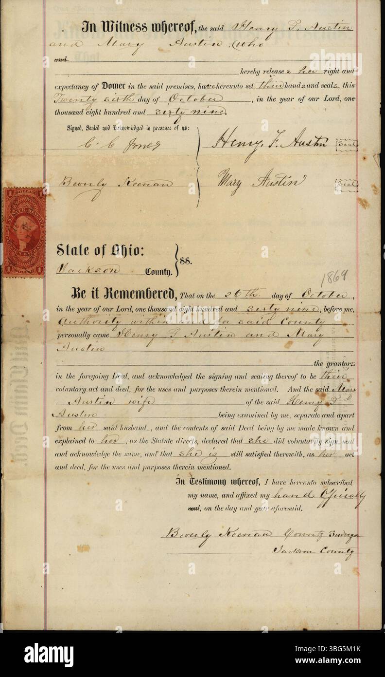 Un atto di abbandono del 26 ottobre 1869 documenta la vendita di terreni nella contea di Jackson, Ohio, da Henry F. e Mary Austin a Isaac Dempsey per 740 dollari. La transazione fu testimoniata da C. C. Jones e Beverly Keenan e registrata il 5 gennaio 1870 da Charles Rhodes, nel volume 2, pagine 569-570. Foto Stock