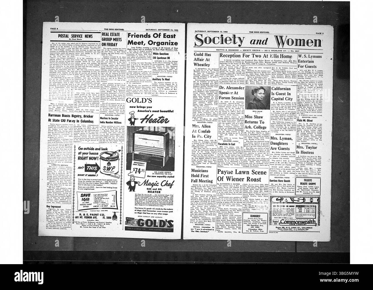 L'Ohio State Sentinel, il 13 settembre 1952, presenta notizie locali da Columbus e questioni statali che interessano le comunità afroamericane, riguardanti i diritti civili e gli affari pubblici. Foto Stock