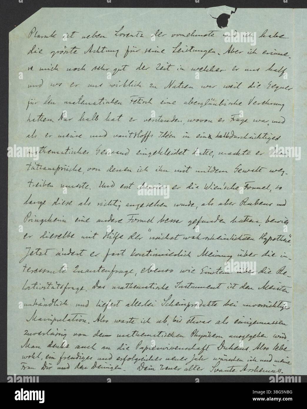 Svante Arrhenius, un noto chimico svedese, scrisse questa lettera nel gennaio 1913 a Georg Bredig, discutendo di questioni personali e professionali. Arrhenius loda l'interesse di Bredig per la chimica fisica e riflette sul lavoro di Wilhelm Ostwald. La lettera offre uno sguardo sullo scambio scientifico dei primi anni del XX secolo. Foto Stock