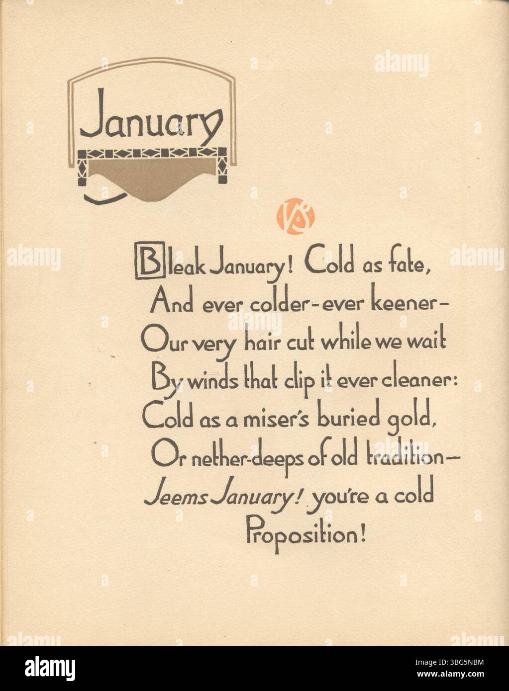 Il libro di James Whitcomb Riley del 1912 "All the Year Round" include dodici incisioni a colori di Gustave Baumann. Stampato in stile giapponese su un lato di doppie foglie piegate, il libro ha un bordo ornamentale del titolo. Foto Stock