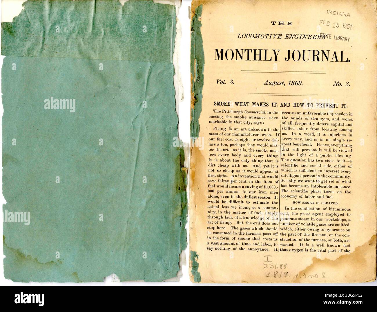Questo numero del Brotherhood of Locomotive Engineers' Monthly Journal dell'agosto 1869 continua la discussione sulle operazioni ferroviarie, fornendo note di divisione aggiuntive e articoli relativi all'ingegneria delle locomotive e alle operazioni ferroviarie nell'industria ferroviaria statunitense. Foto Stock