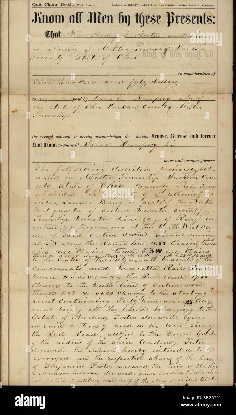 Questo atto di abbandono della rivendicazione, datato 26 ottobre 1869, mostra la vendita di proprietà nella contea di Jackson, Ohio, da parte di Henry F. e Mary Austin a Isaac Dempsey per $ 740. L'atto fu testimoniato da C. C. Jones e Beverly Keenan e registrato il 5 gennaio 1870, nel volume 2, pagine 569-570 di Charles Rhodes. Foto Stock