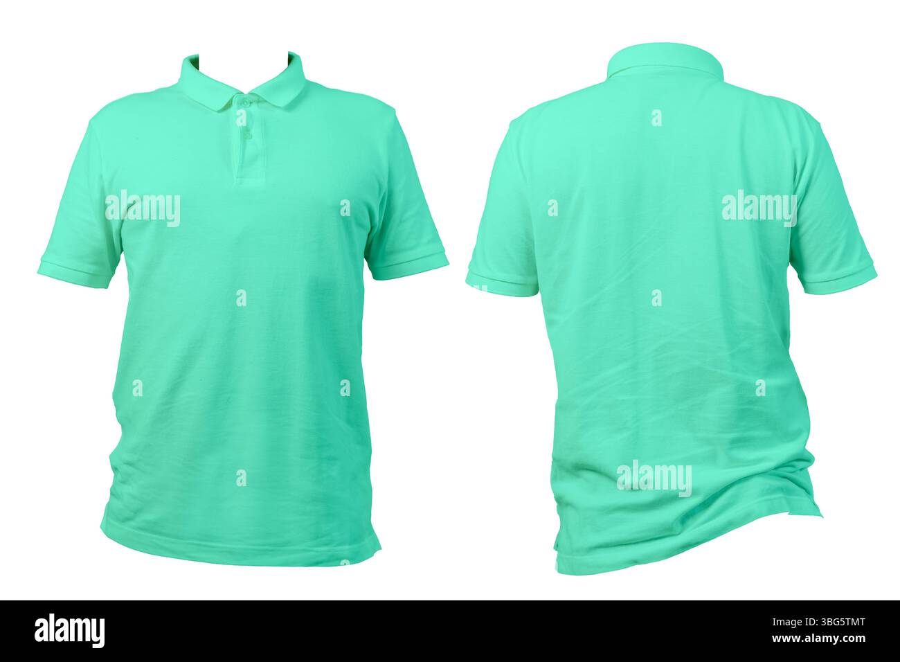 Polo di colore verde menta mostrata dagli angoli anteriore e posteriore su sfondo bianco. Ideale per mockup di moda, modello di branding e design di abbigliamento p Foto Stock