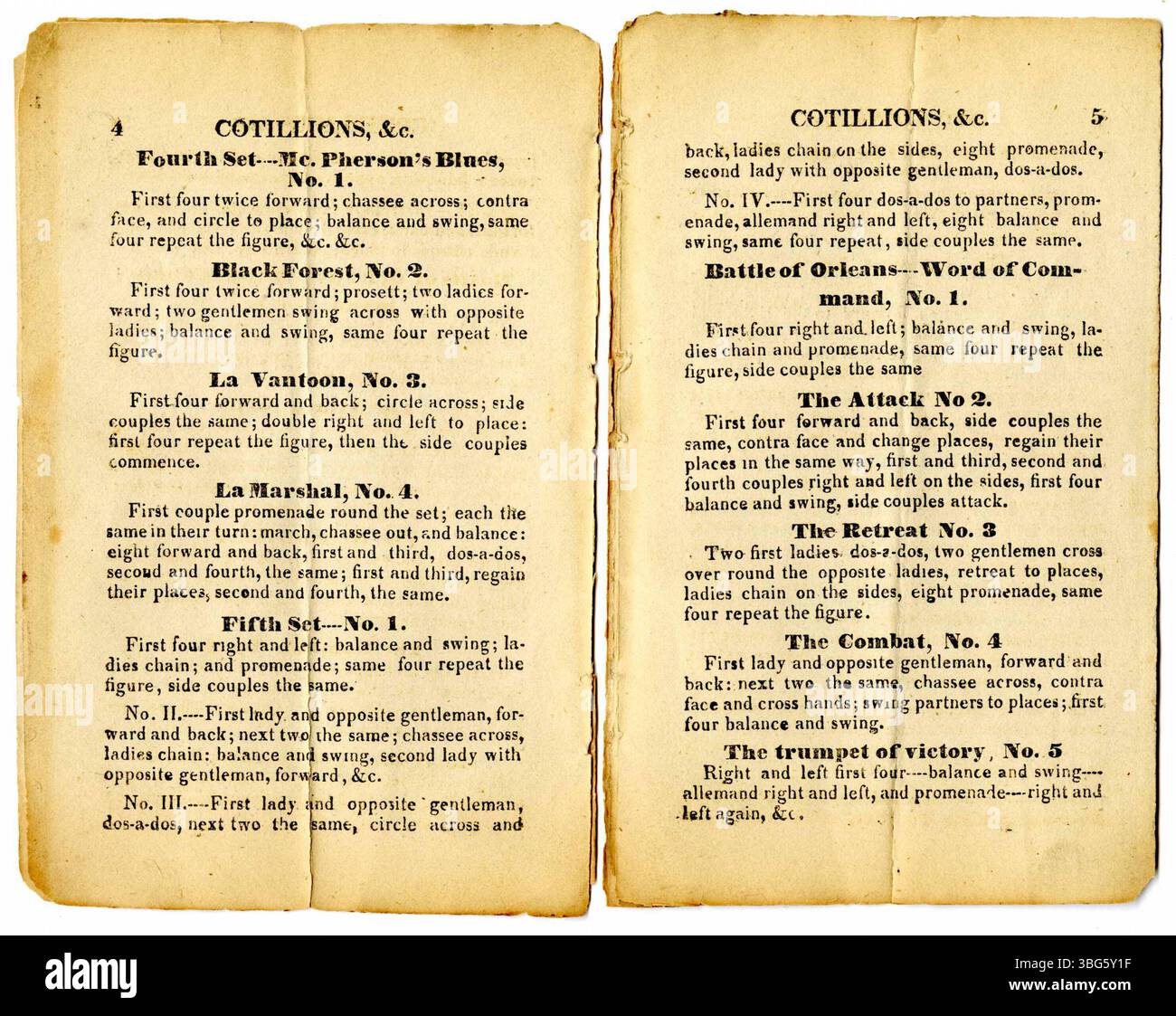 Questa collezione del 1834 presenta cotillions, Scotch reel e altre danze popolari introdotte alla M.B. Brouillett Dancing School di Logansport, Indiana. Queste danze erano parte integrante delle riunioni sociali e degli eventi della comunità nell'America dei primi anni del XIX secolo. Foto Stock