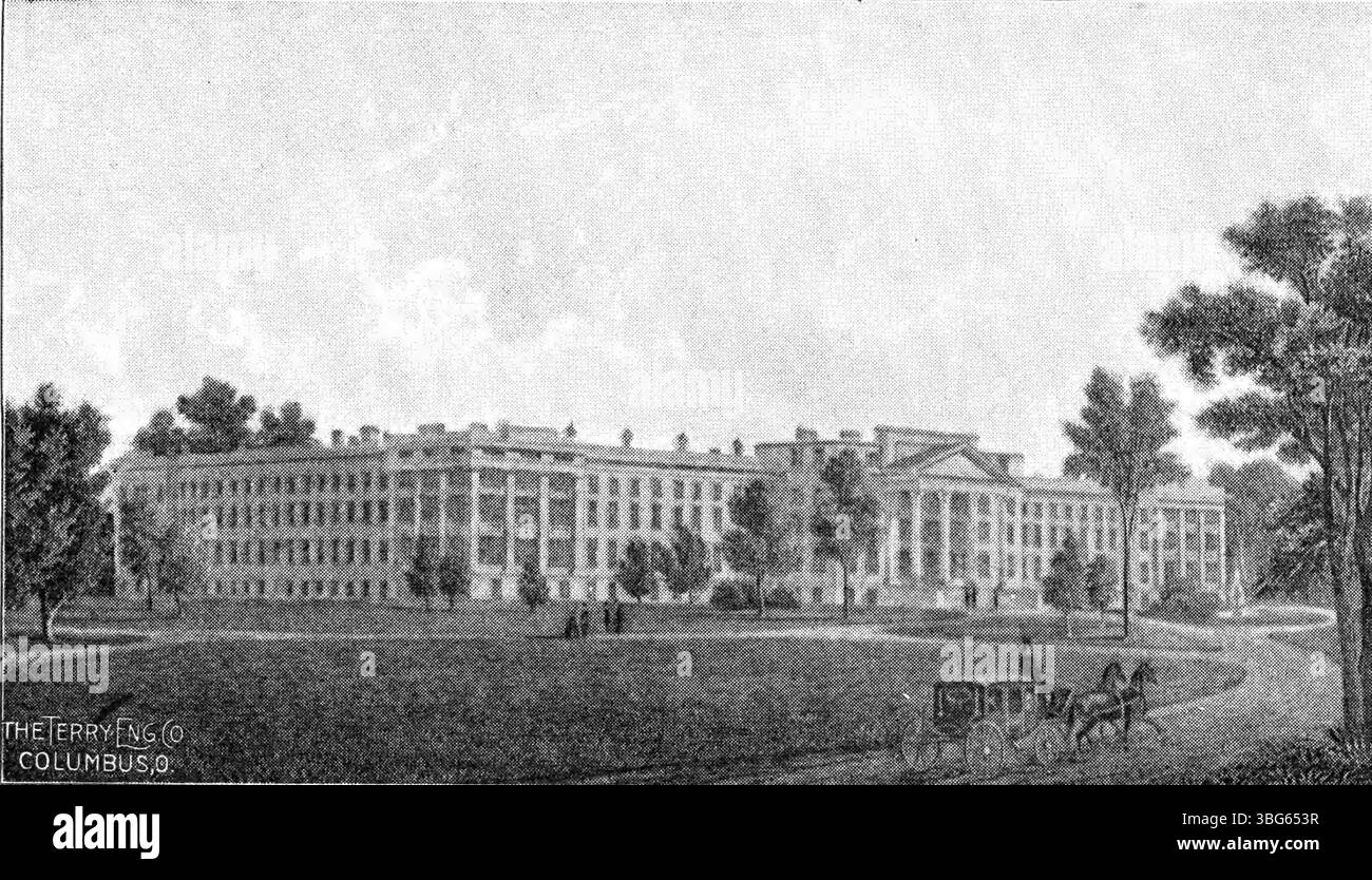 Questa immagine mostra l'Old Insane Asylum a Columbus, Ohio, prima della sua distruzione per incendio nel 1868. Era una prima struttura per il trattamento e la cura dei malati mentali in Ohio. Foto Stock