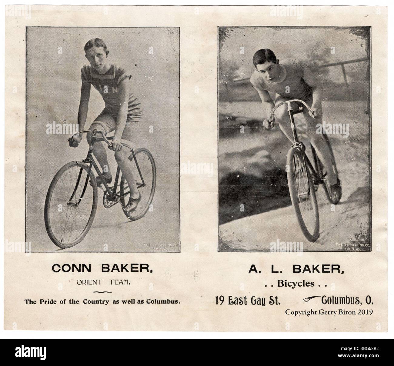 Un volantino del 1896 per l'incontro di gara dell'Orient Cycle Club con Conn e Arnon Baker. Arnon possedeva un negozio di biciclette a Columbus, e la gara, che offriva un premio di 1.000 dollari, era ambientata nel Driving Park. Conn Baker è stato un pilota di ciclismo pionieristico, detentore del record mondiale e diavolo noto per le sue acrobazie, tra cui il perfezionamento del "loop-the-loop". In seguito si esibì con il Forepaugh e Sells Circus con il nome d'arte "allo, Diavolo!" Foto Stock