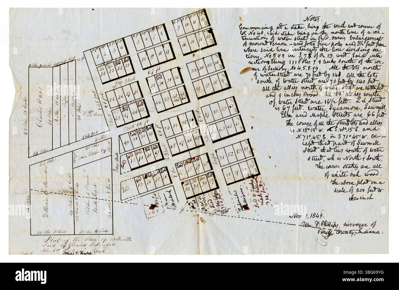 Questa pagina presenta la mappa plat di Belleville, Mount Vernon, Indiana, che mostra la sezione della città progettata da David T. Kimball nel 1849. La mappa è stata presentata da Kimball a Nathaniel J. Lord, giudice di pace, nel 1849 e include una mappa disegnata a mano dal 1870, che fornisce uno sguardo sul primo sviluppo di Belleville. Foto Stock